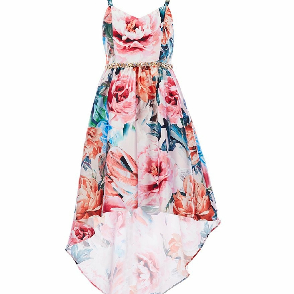 Little Girls 2T Floral-Printed Satin Hi Low Dress
